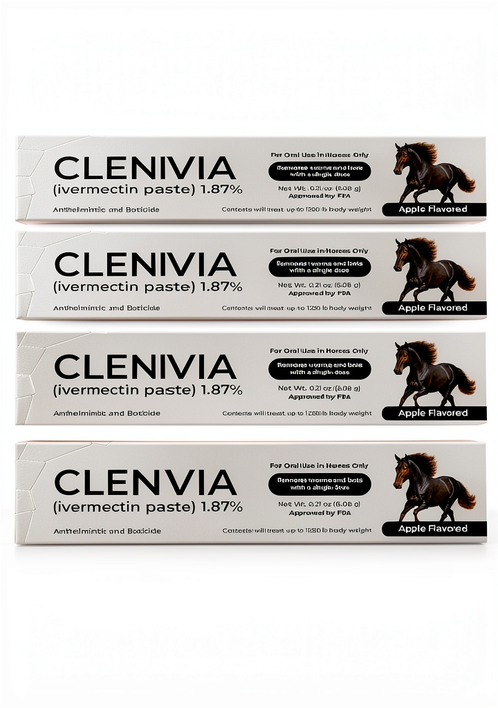 CLENVIA horse dewormer syringe package showing apple gel and calibrated markings