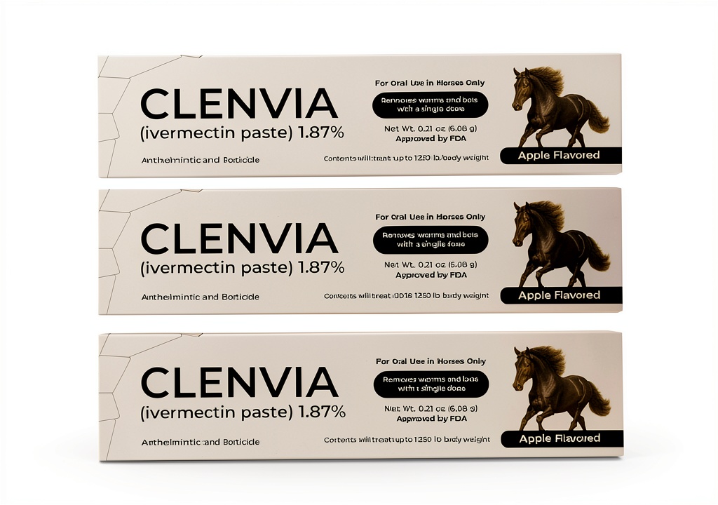 CLENVIA horse dewormer syringe showing apple gel and weight markings
