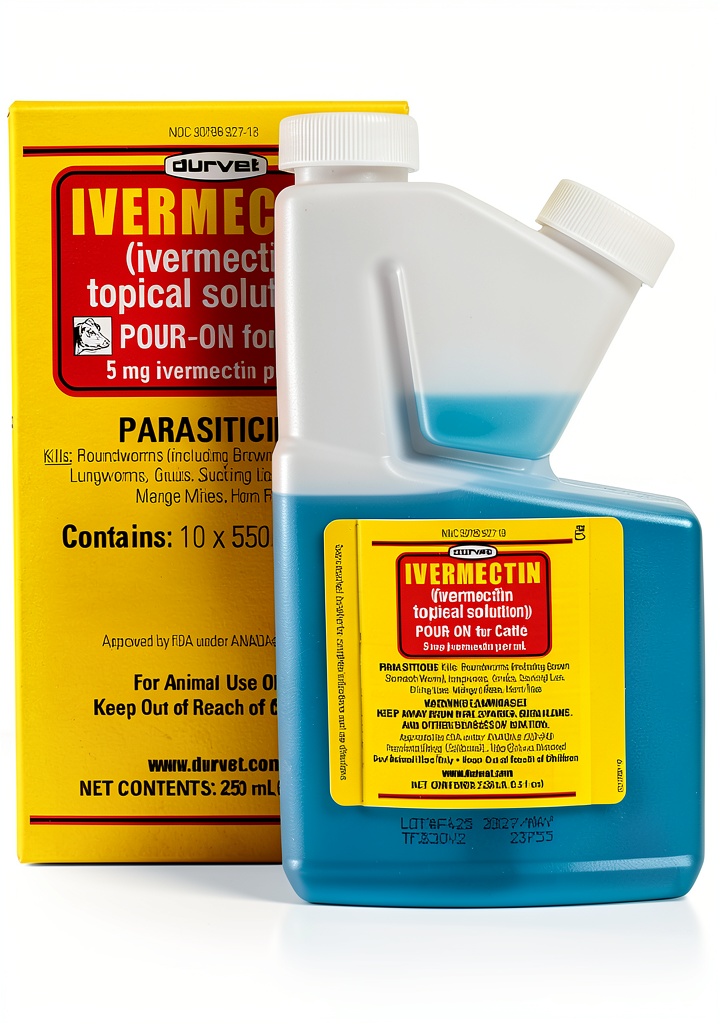 Durvet Ivermectin bottle displayed in cattle treatment setting
