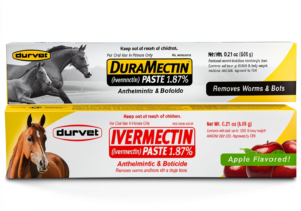 Pavo Horse Care Dewormer package opened on a stable workbench
