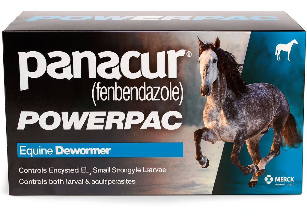 Panacur Power Pac dewormer tubes displayed on a stable shelf
